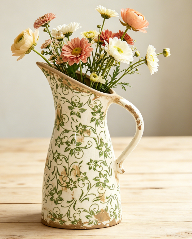 Blue And White Farmhouse Ceramic Vase With Cattails And Reeds